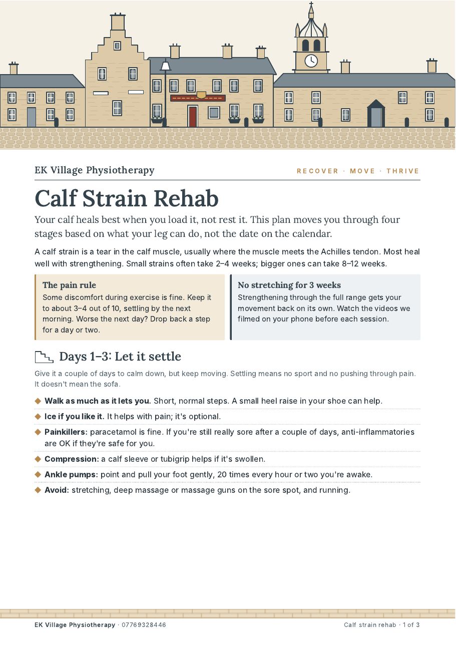 Front page of the calf strain rehab handout
