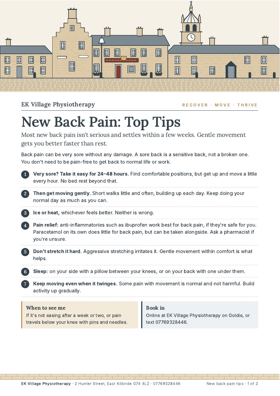 Front page of the new back pain: top tips handout